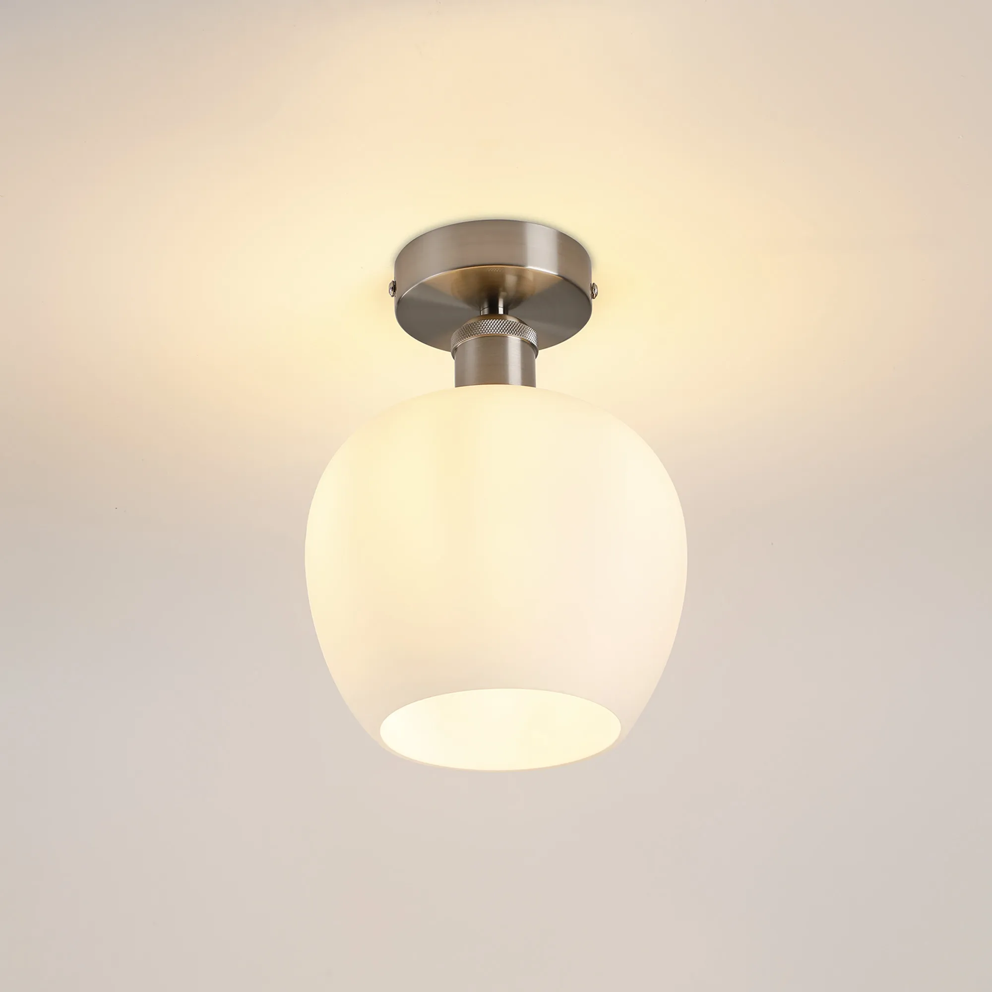 Cawdor Flush Fitting; 1 Light E27; Satin Nickel/Opal Wine Glass DK1129  Deco Cawdor